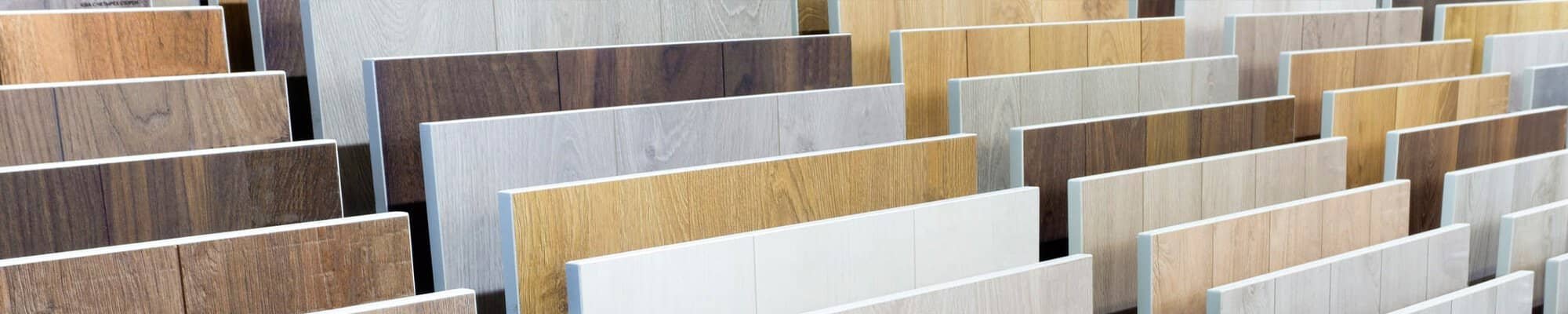 Flooring samples displayed in a bright showroom
